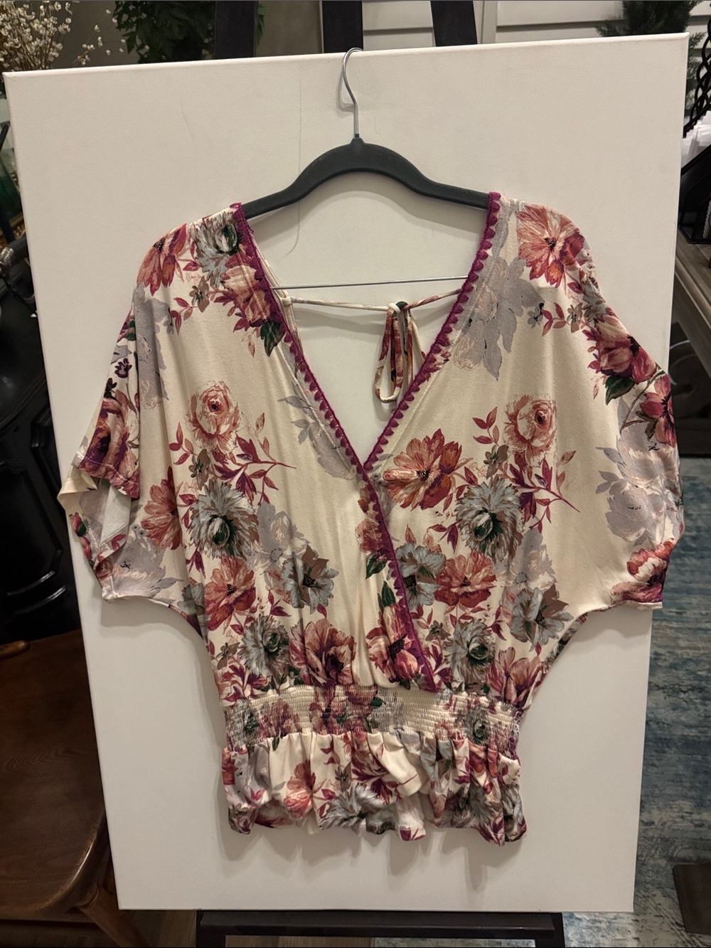 Hem & Thread Cream Floral V-Neck Blouse with Rose Accents